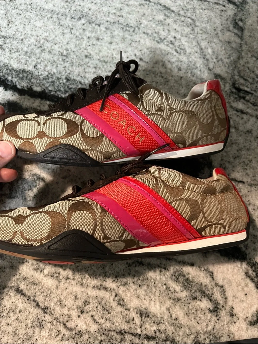 Coach Brown Signature Sneakers with Pink & Red Accents 7 M